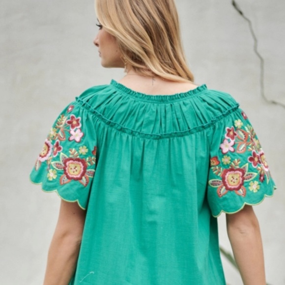 Bright Green Floral Embroidered Short Sleeve Tassel Tie Neck Flare Pocket Dress - Picture 14 of 17